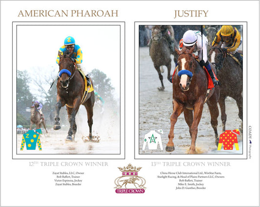Justify and American Pharoah - Triple Crown Winners -  18x24 Print